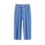 Pantacourt en jean femme taille haute extensible coupe droite tissu comfortable fermeture clair stretch ...