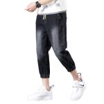 Pantacourt en jeans homme ete taille elastique pantalon court stretch effet délavé - noir Pantacourt en jeans homme ete taille elastique pantalon court stretch effet délavé - noir