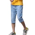 Pantacourt en jean homme stretch coupe droite avec cordon de serrage effet abrasion et d�lav� - bleu