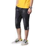 Pantacourt en jean homme stretch coupe droite avec cordon de serrage effet abrasion et d�lav� - noir