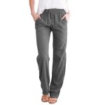 Pantalon ample décontracté à jambe large en coton et lin de couleur unie pour femmes gris Pantalon ample décontracté à jambe large en coton et lin de couleur unie pour femmes gris