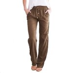 Pantalon ample dcontract  jambe large en coton et lin de couleur unie pour femmes marron