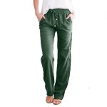 Pantalon ample dcontract  jambe large en coton et lin de couleur unie pour femmes vert