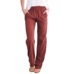 Pantalon ample dcontract  jambe large en coton et lin de couleur unie pour femmes vin rouge