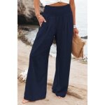 Pantalon ample décontracté en lin et coton à jambe large pour femmes bleu Pantalon ample décontracté en lin et coton à jambe large pour femmes bleu