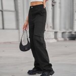 Pantalon cargo femme coton taille haute elastique multipoches - insfity - noir