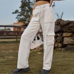 Pantalon cargo femme en jeans coupe droite taille elastique multipoches pantalon de travail taille haute ... Pantalon cargo femme en jeans coupe droite taille elastique multipoches pantalon de travail taille haute ...