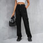 Pantalon cargo femme en jeans coupe droite taille elastique multipoches pantalon de travail taille haute ...