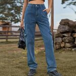 Pantalon cargo femme en jeans taille elastique multipoches pantalon de travail coupe droite taille haute ...