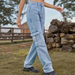 Pantalon cargo femme en jeans taille elastique multipoches pantalon de travail coupe droite taille haute ...
