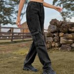 Pantalon cargo femme en jeans taille elastique multipoches pantalon de travail coupe droite taille haute ...