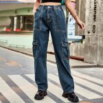Pantalon cargo en jeans femme taille elastique multipoches pantalon de travail coupe droite taille haute ...