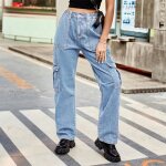Pantalon cargo en jeans femme taille elastique multipoches pantalon de travail coupe droite taille haute ... Pantalon cargo en jeans femme taille elastique multipoches pantalon de travail coupe droite taille haute ...
