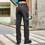 Pantalon cargo en jeans femme taille elastique multipoches pantalon de travail coupe droite taille haute ...