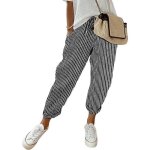 Pantalon en coton et lin femmes pantalon dcontract taille haute  taille lastique avec cordon de serrage ...