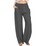 Pantalon en coton et lin femme  taille lastique avec cordon confortable - gris fonce