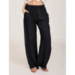 Pantalon en coton et lin femme  taille lastique avec cordon confortable - noir
