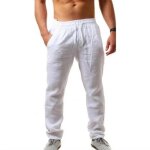 Pantalon en coton et lin pour homme - couleur unie - style dcontract - taille haute