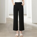 Pantalon femme 7 - 8 stretch taille haute coupe large lastique couleur unie - noir