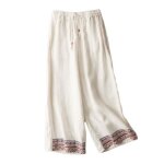 Pantalon femme Été broderie en lin coton relaxed fit taille Élastiquee avec lien coupe droite - blanc ... Pantalon femme Été broderie en lin coton relaxed fit taille Élastiquee avec lien coupe droite - blanc ...