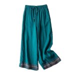 Pantalon femme �t� broderie en lin coton relaxed fit taille �lastiquee avec lien coupe droite - bleu ...