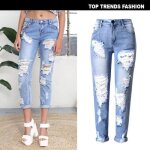 Pantalon femmes jeans trou - funmoon - skinny - bleu