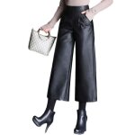 Pantalon femme en simili cuir large couleur unie taille haute elastiquee - noir Pantalon femme en simili cuir large couleur unie taille haute elastiquee - noir