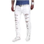 Pantalon homme dchir en jean blanc - leoclotho - coupe slim - tissu stretch - poches cts