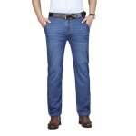 Pantalon homme en jeans coupe droite taille haute jean lger elegant stretch 5 poches effet dlav - ...