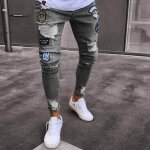 Pantalons hommmes mode skinny jeans lgant dchir jeans biker skinny slim droite effiloch denim vtements ...