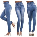 Pantalon en jeans femme slim lastique taille haute - bleu claire