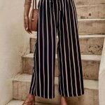 Pantalon large - vitata - taille haute - noir à rayures - confortable - décontracté femme Pantalon large - vitata - taille haute - noir à rayures - confortable - décontracté femme