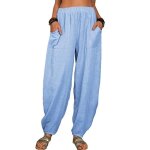 Pantalon lin large femme - pantalon - fluide dcontract sarouel lger - bleu - grande taille