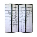 Paravent japonais en bois noir dessin bambou de 4 pans - hauteur 175 x longueur 176 x profondeur 22 cm ...