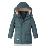 Parka capuche mi longue enfant garcon hiver veste chaude epaisse couleur unie - vert
