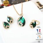 Parure bijoux coffret cadeau pour femme mariage collier + boucle doreille + bague rmega - vert