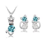 Parure bijoux - enfant - chat - cristal autrichien - bleu - turquoise - plaqu or blanc 750 / 1000 - ...