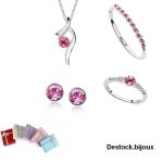 Parure bijoux - femme - bague - bracelet - cristal - autrichien - rose vif - plaqu or blanc 750 / 1000 ...