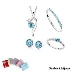 Parure bijoux - femme - bague - bracelet - cristal autrichien - turquoise - plaqu or blanc 750 / 1000 ...