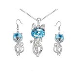 Parure bijoux - femme - chat - cristal autrichien - bleu - turquoise - plaqu or blanc 750 / 1000 - 4 ...