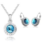 Parure bijoux - femme - collier - solitaire - cristal autrichien - bleu - turquoise - plaqu or blanc ...