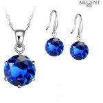Parure bijoux - femme - solitaire - cristal - rond - bleu - saphir - argent 925 / 1000 - 4 pices