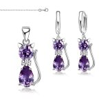 Parure bijoux - femme / enfant - chat - cristal autrichien - violet - amthyste - argent 925 / 1000 - ...