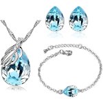 Parure bijoux - femme - goutte - cristal autrichien - bleu - turquoise - plaqu or blanc 750 / 1000 - ...