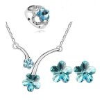 Parure bijoux - femme - fleur - cristal autrichien - turquoise - plaqu or blanc 750 / 1000 - bague 52 ...
