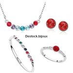 Parure bijoux - femme - cristal - autrichien - multicolore - plaqu or blanc 750 / 1000 - coffret - 5 ...