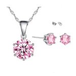 Parure bijoux - femme - solitaire - cristal autrichien - rose - argent fin 925 / 1000 - 4 pices