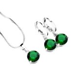 Parure bijoux - femme - solitaire - cristal - rond - vert - meraude - mtal argent rhodi - 4 pices ...