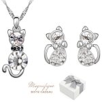 Parure chat femme fille en cristaux autrichiens baigne dans lor blanc. cadeau anniversaire femme nol. ...