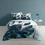 Parure de couette plumes de paon et mandala blanc - bleu 240 x 220 cm